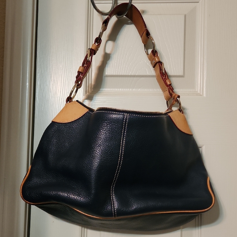 Dooney & Bourke Navy Blue and Tan Leather Shoulder Bag